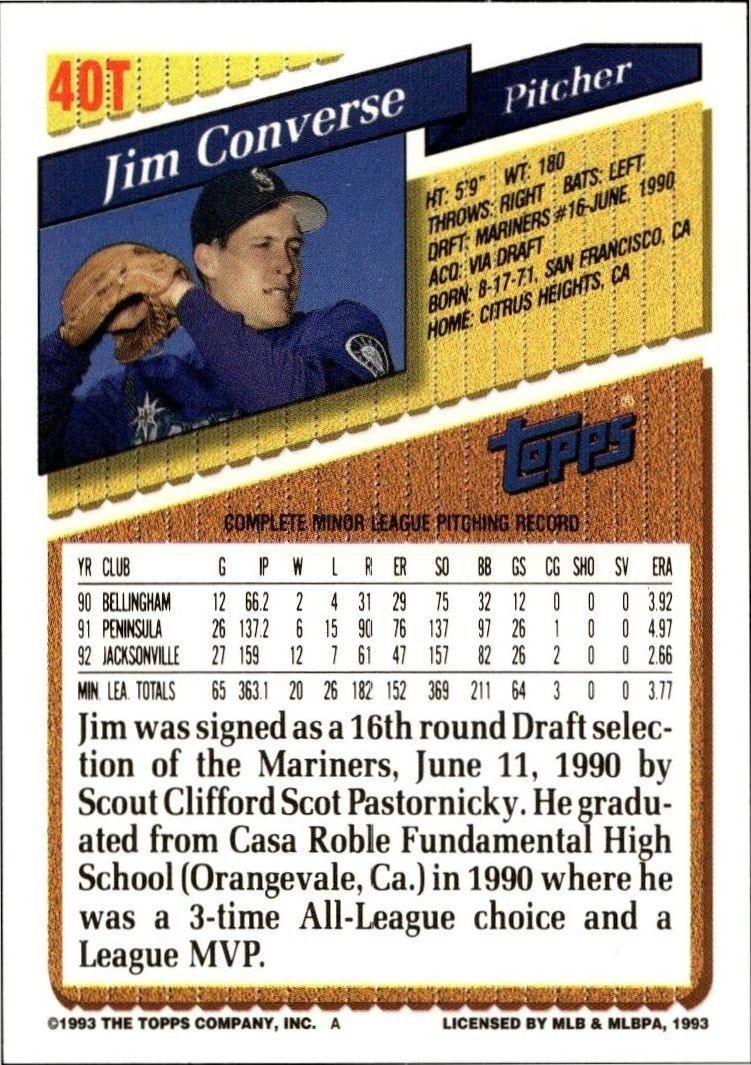 1993 Topps Traded Jim Converse #40T baseball trading card back