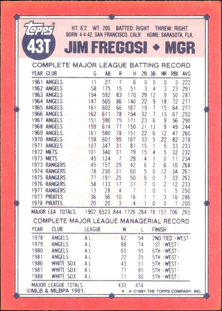 1991 Topps Traded Jim Fregosi #43T baseball trading card back