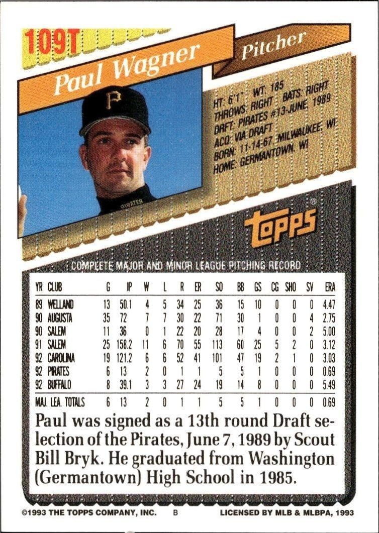 1993 Topps Traded Paul Wagner #109T baseball trading card back