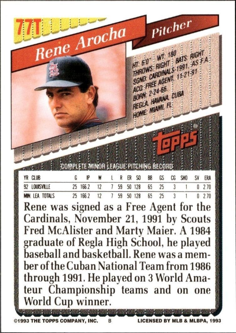 1993 Topps Traded Rene Arocha #77T baseball trading card back