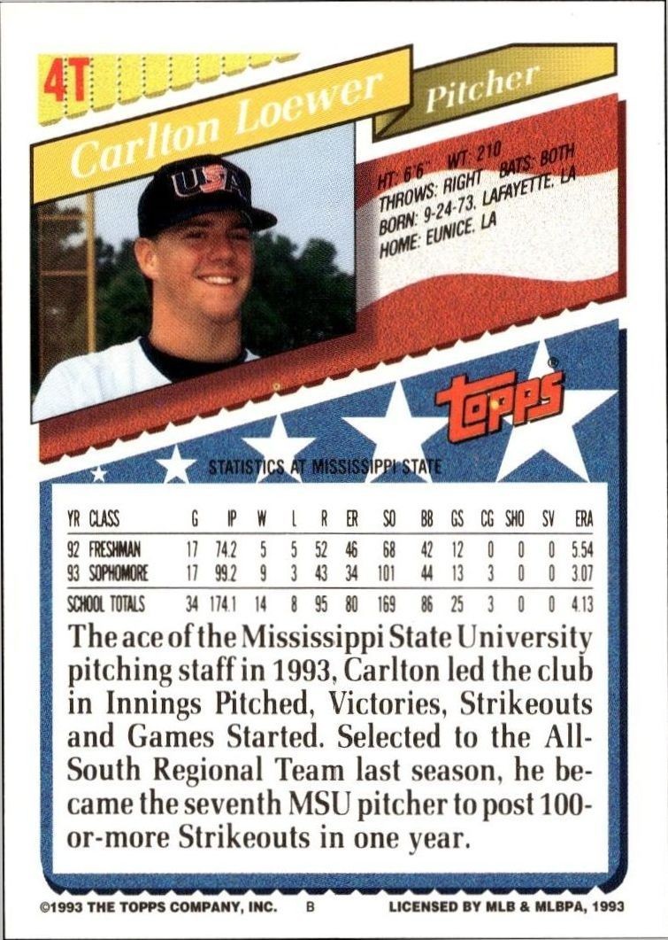 1993 Topps Traded Carlton Loewer #4T baseball trading card back