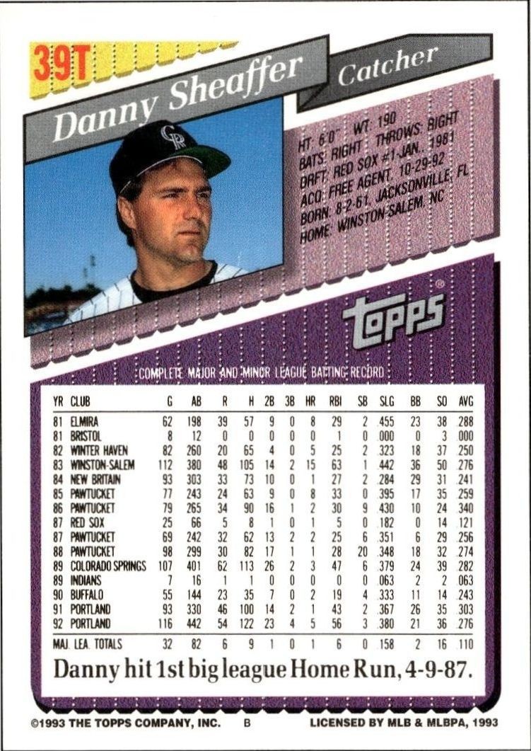 1993 Topps Traded Danny Sheaffer #39T baseball trading card back