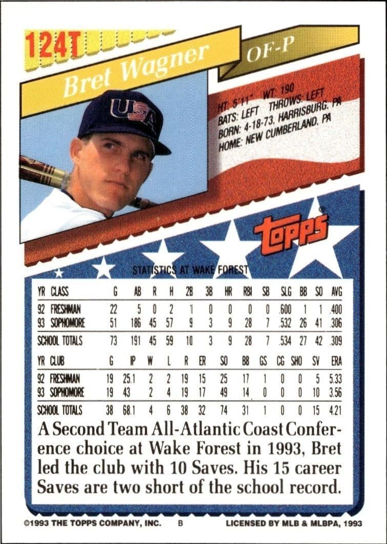 1993 Topps Traded Bret Wagner #124T baseball trading card back