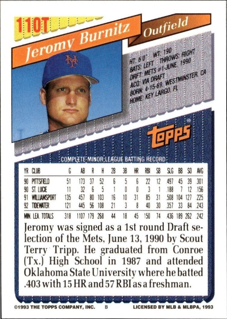1993 Topps Traded Jeromy Burnitz #110T baseball trading card back
