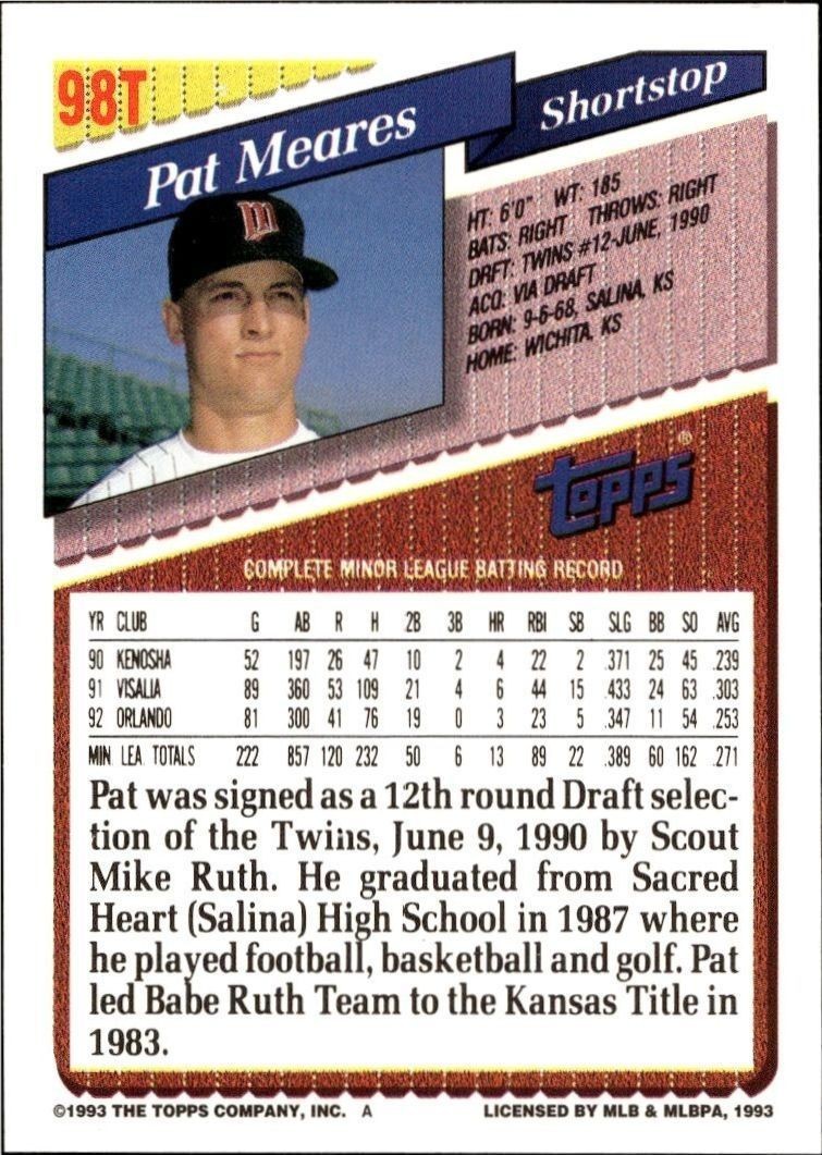 1993 Topps Traded Pat Meares #98T baseball trading card back