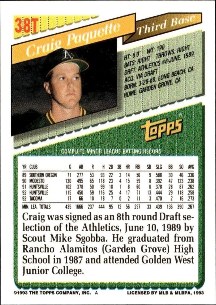 1993 Topps Traded Craig Paquette #38T baseball trading card back