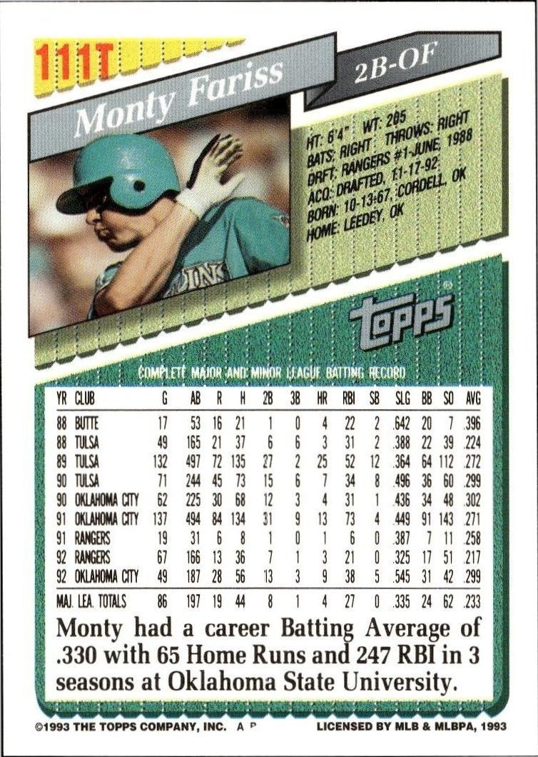 1993 Topps Traded Monty Fariss #111T baseball trading card back