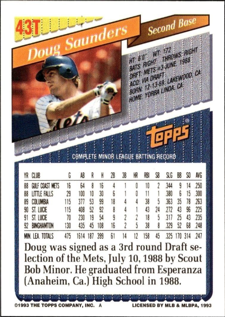 1993 Topps Traded Doug Saunders #43T baseball trading card back