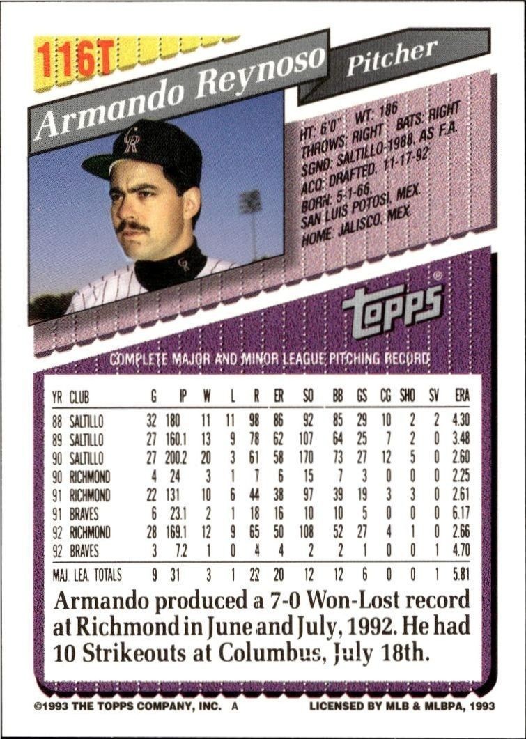 1993 Topps Traded Armando Reynoso #116T baseball trading card back