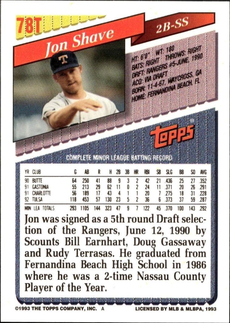 1993 Topps Traded Jon Shave #78T baseball trading card back