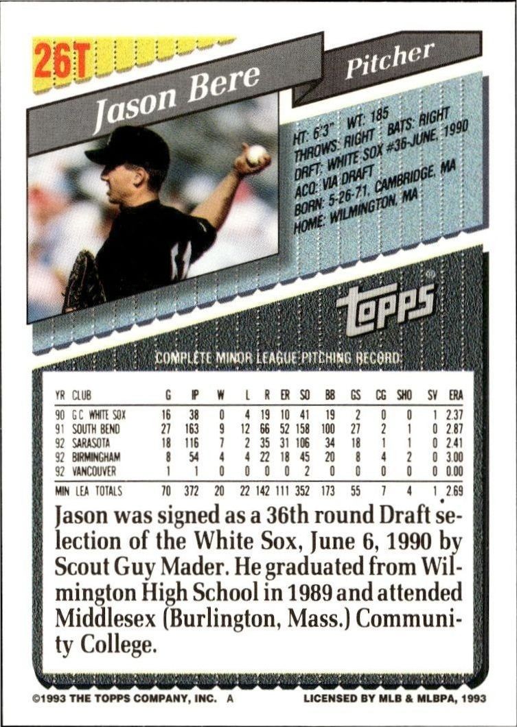1993 Topps Traded Jason Bere #26T baseball trading card back