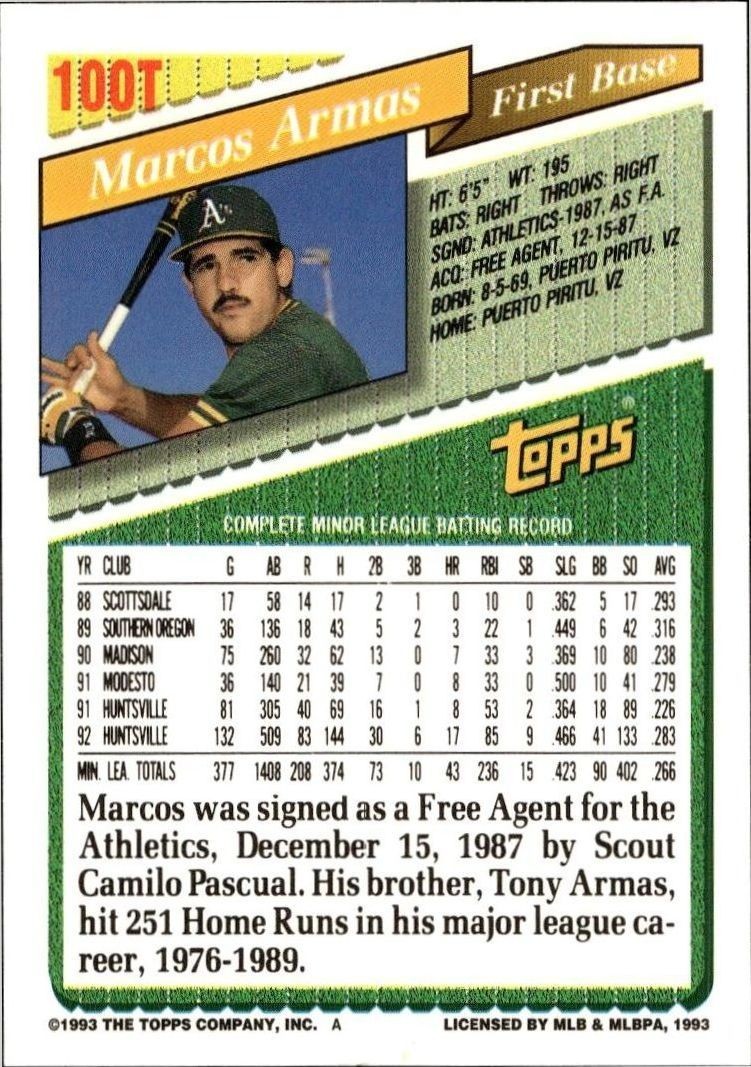 1993 Topps Traded Marcos Armas #100T baseball trading card back