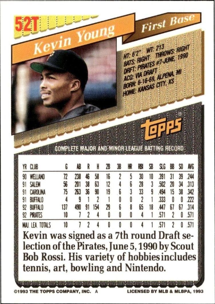 1993 Topps Traded Kevin Young #52T baseball trading card back