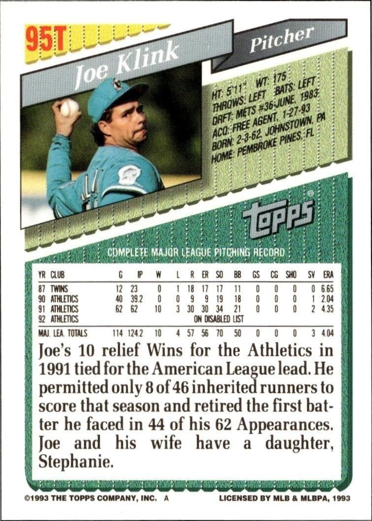 1993 Topps Traded Joe Klink #95T baseball trading card back