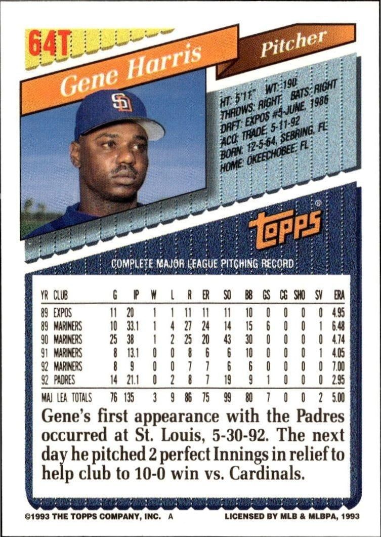 1993 Topps Traded Gene Harris #64T baseball trading card back