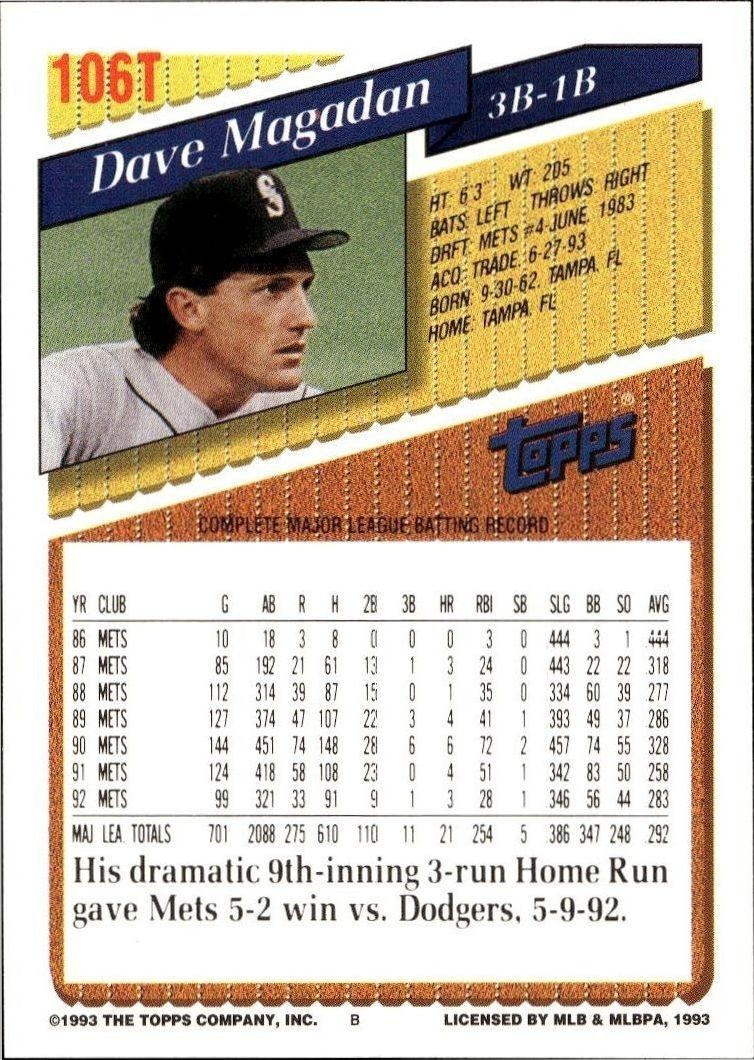 1993 Topps Traded Dave Magadan #106T baseball trading card back