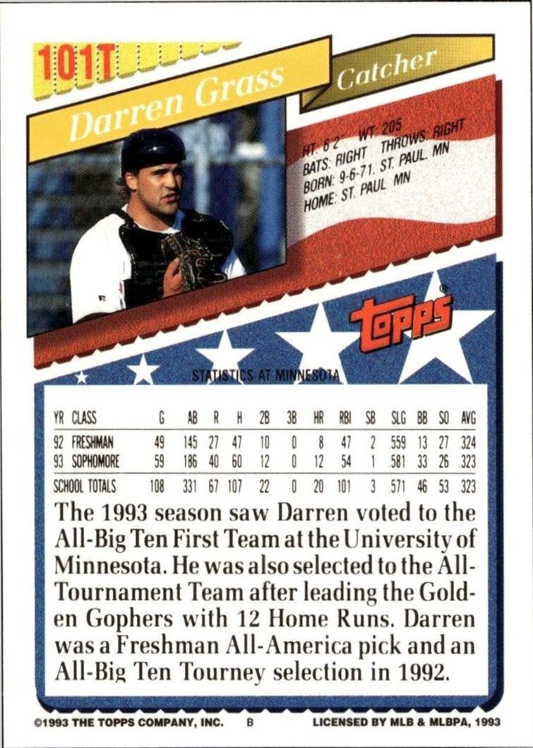 1993 Topps Traded Darren Grass #101T baseball trading card back