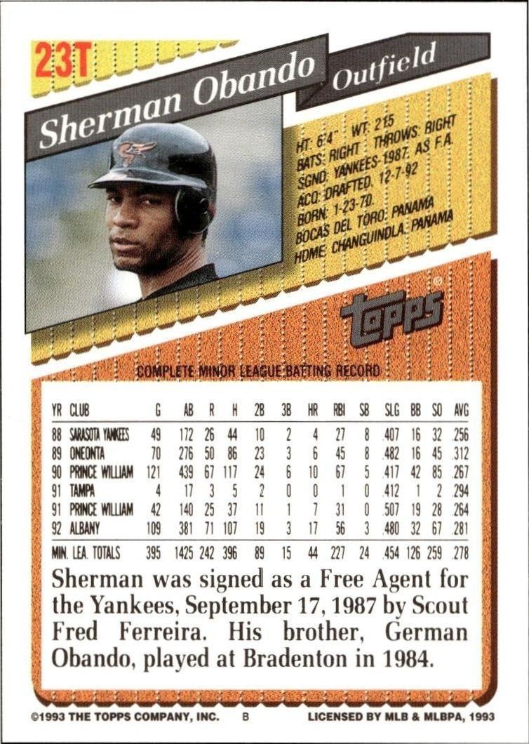 1993 Topps Traded Sherman Obando #23T baseball trading card back