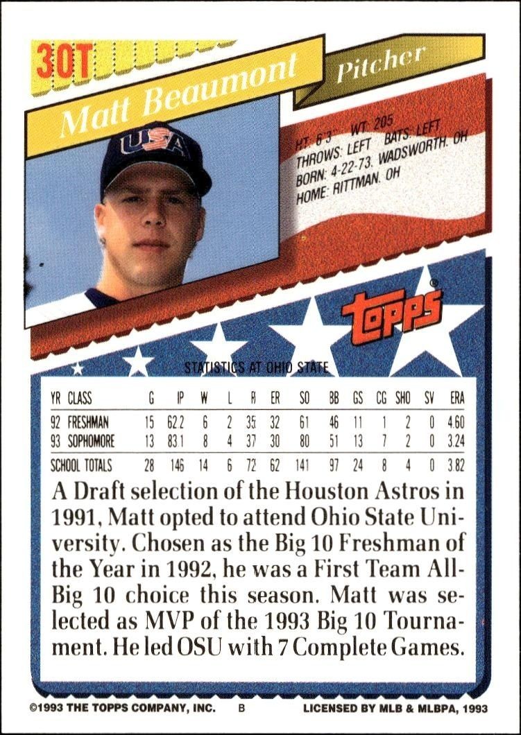 1993 Topps Traded Matt Beaumont #30T baseball trading card back