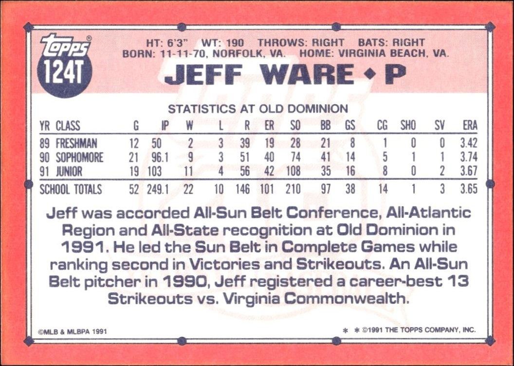 1991 Topps Traded Jeff Ware #124T baseball trading card back