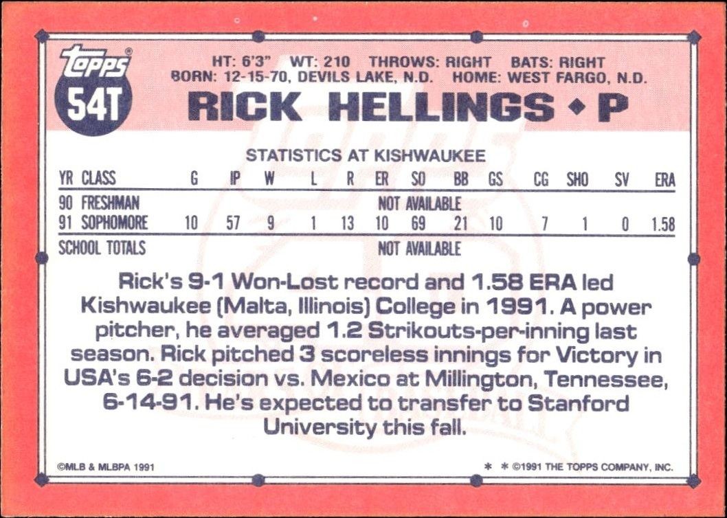 1991 Topps Traded Rick Helling #54T baseball trading card back