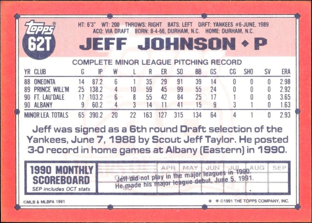 1991 Topps Traded Jeff Johnson #62T baseball trading card back
