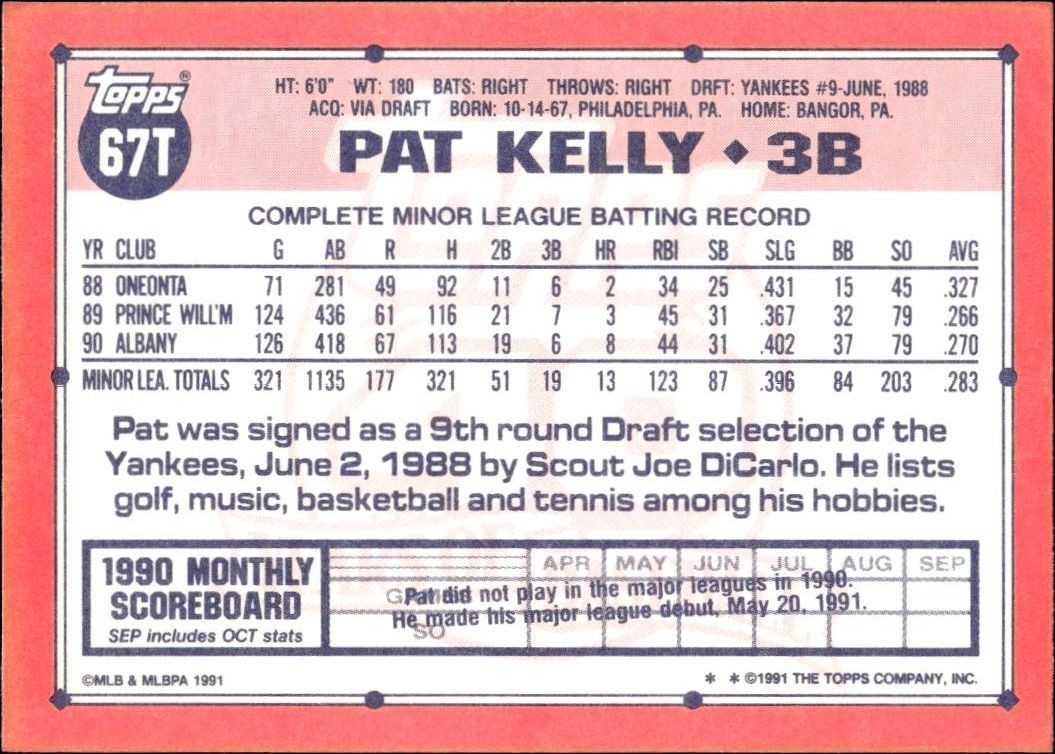 1991 Topps Traded Pat Kelly #67T baseball trading card back