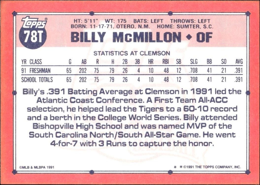 1991 Topps Traded Billy McMillon #78T baseball trading card back