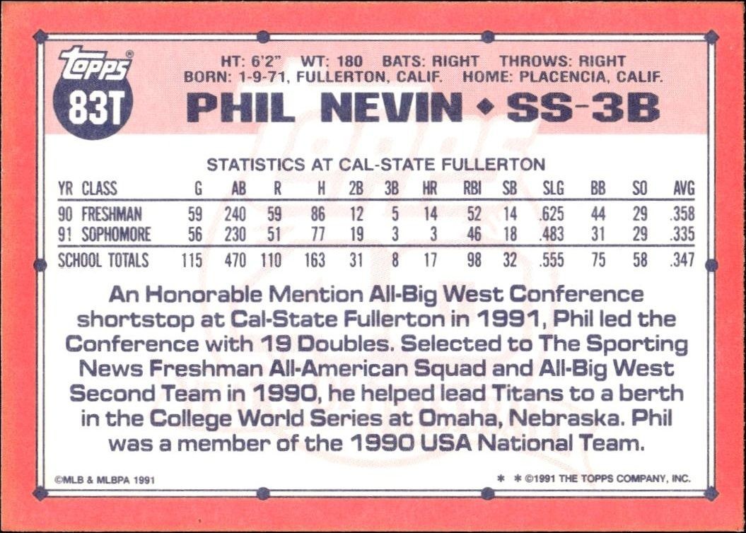 1991 Topps Traded Phil Nevin #83T baseball trading card back