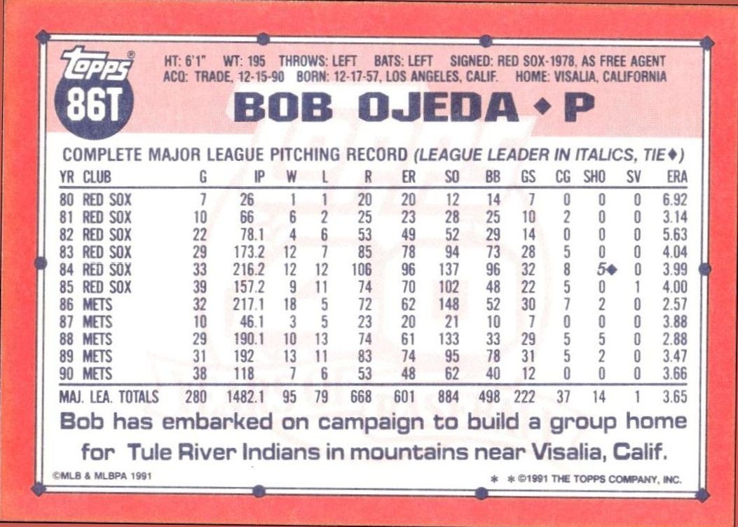 1991 Topps Traded Bob Ojeda #86T baseball trading card back