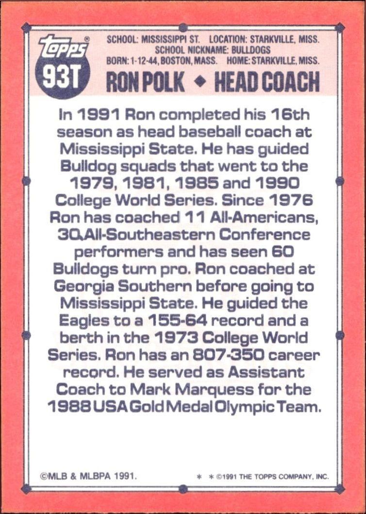 1991 Topps Traded Ron Polk #93T baseball trading card back