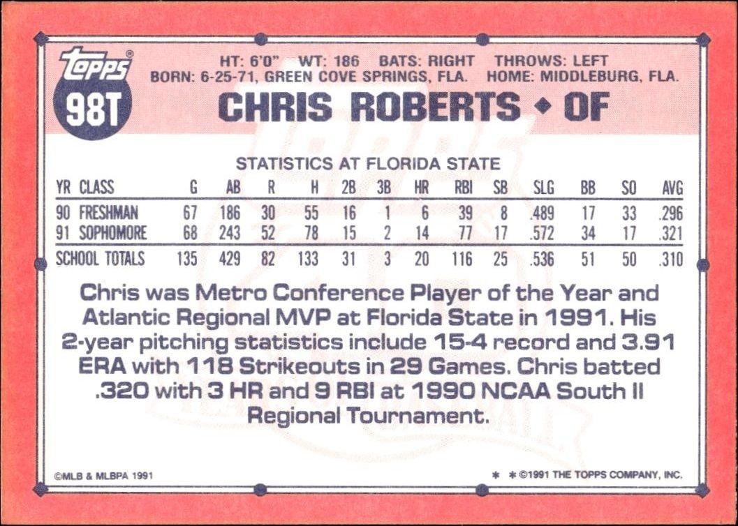 1991 Topps Traded Chris Roberts #98T baseball trading card back
