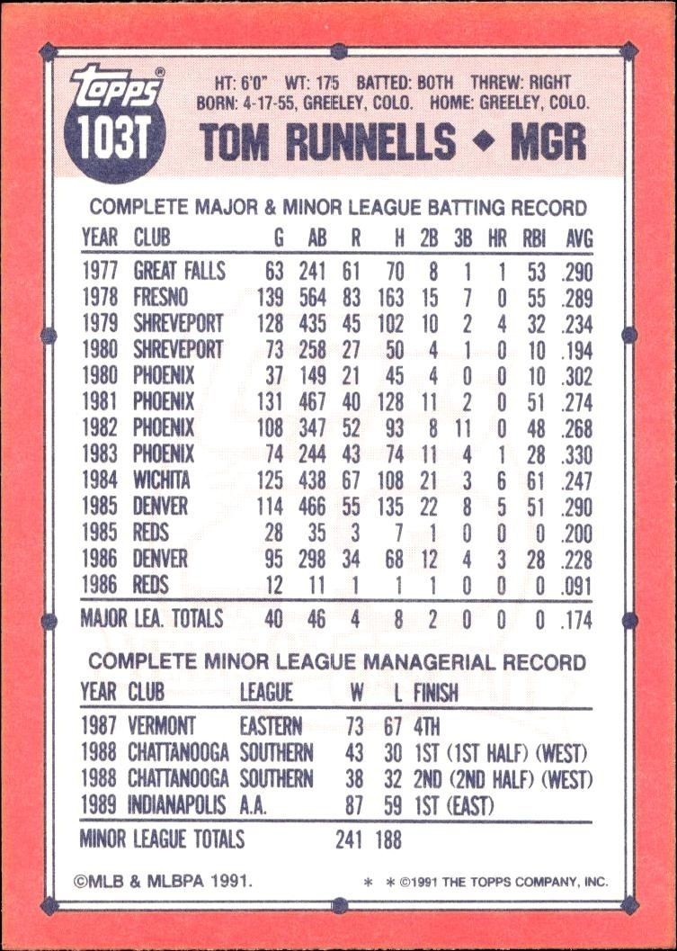 1991 Topps Traded Tom Runnells #103T baseball trading card back