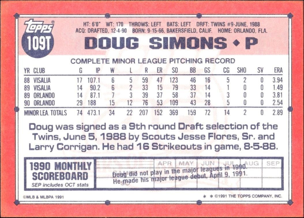1991 Topps Traded Doug Simons #109T baseball trading card back