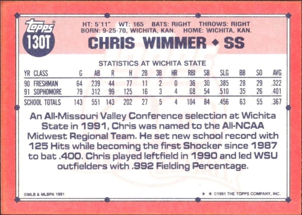 1991 Topps Traded Chris Wimmer #130T baseball trading card back