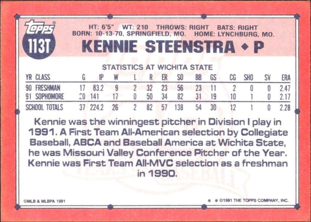 1991 Topps Traded Kennie Steenstra #113T baseball trading card back