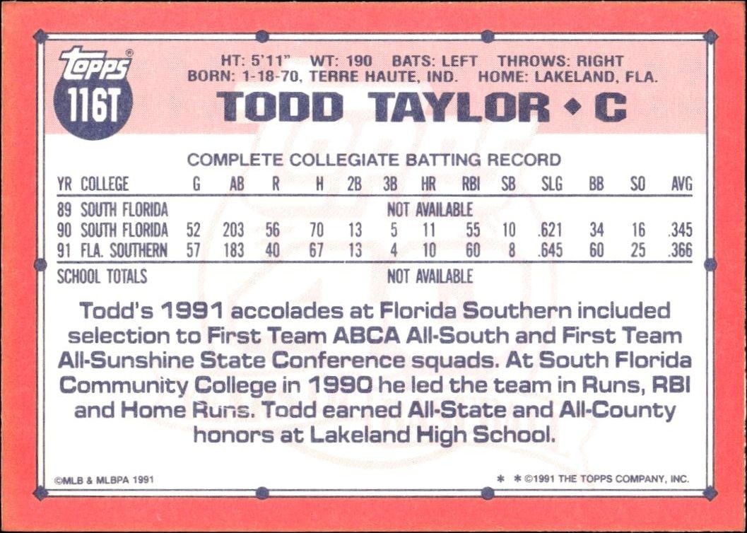 1991 Topps Traded Todd Taylor #116T baseball trading card back