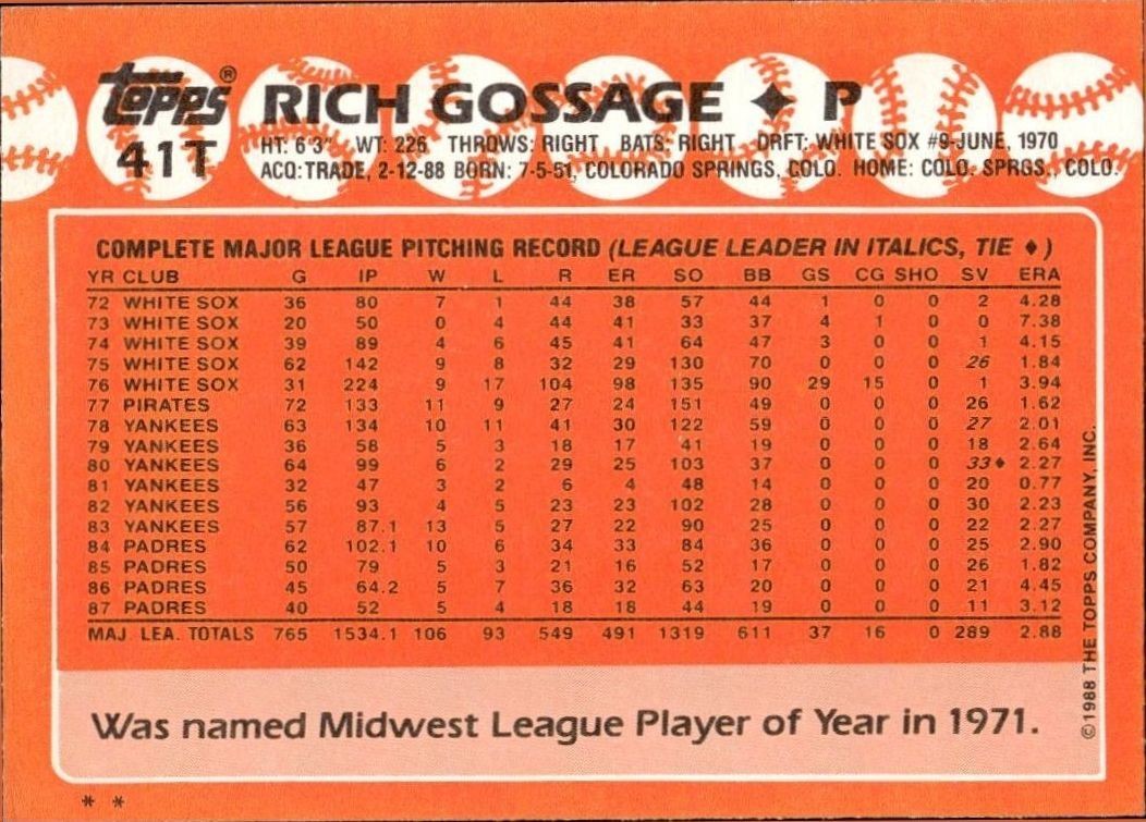 1988 Topps Traded Rich Gossage #41T baseball trading card back