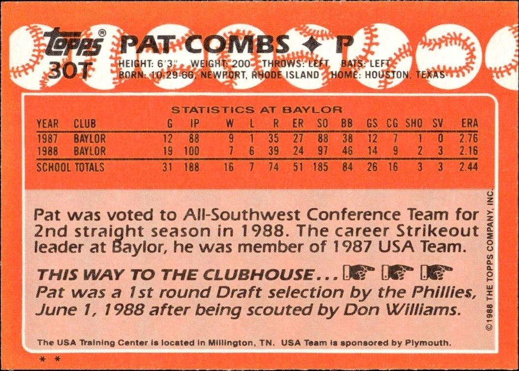 1988 Topps Traded Pat Combs #30T baseball trading card back
