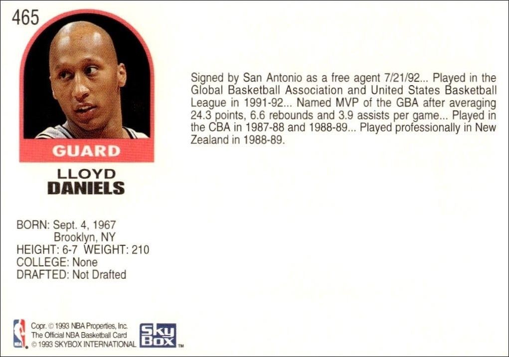 1992-93 Skybox Nba Hoops Series 2 Lloyd Daniels #465 basketball trading card back