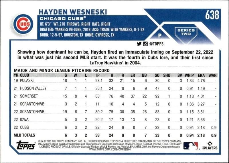 2023 Topps Series 2 Hayden Wesneski #638 baseball trading card back