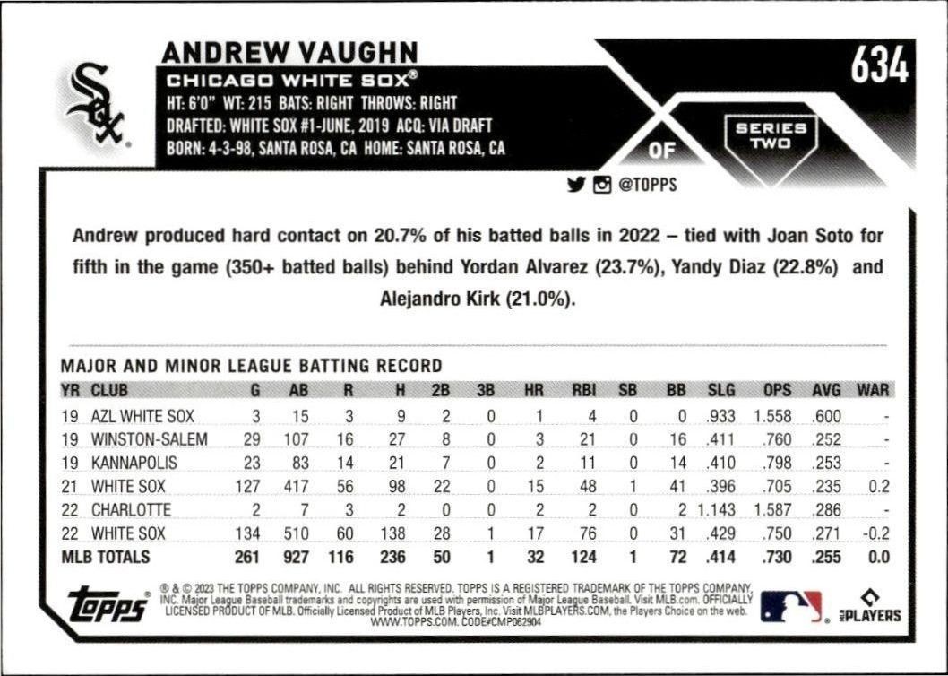 2023 Topps Series 2 Andrew Vaughn #634 baseball trading card back