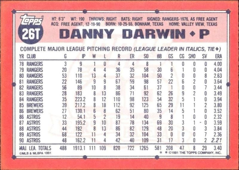 1991 Topps Traded Danny Darwin #26T baseball trading card back