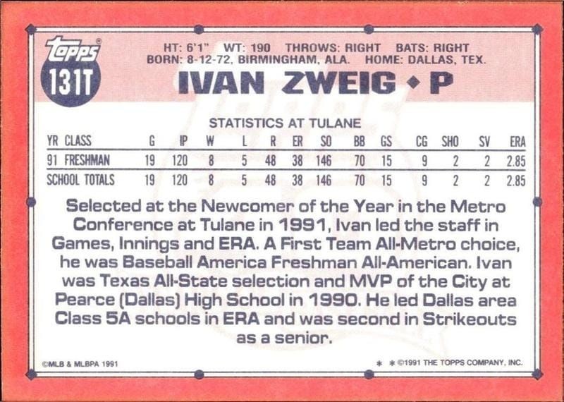 1991 Topps Traded Ivan Zweig #131T baseball trading card back
