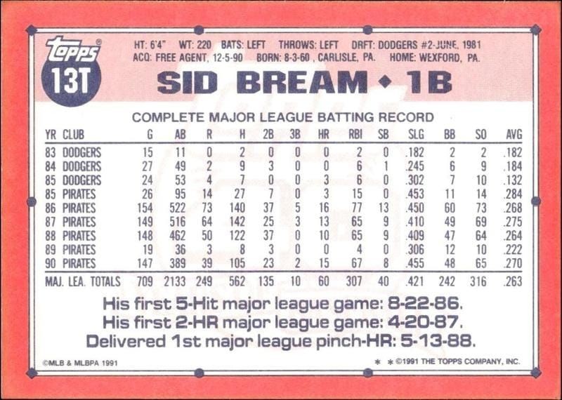 1991 Topps Traded Sid Bream #13T baseball trading card back