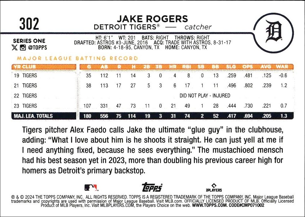 2024 Topps Jake Rogers #302 baseball trading card back