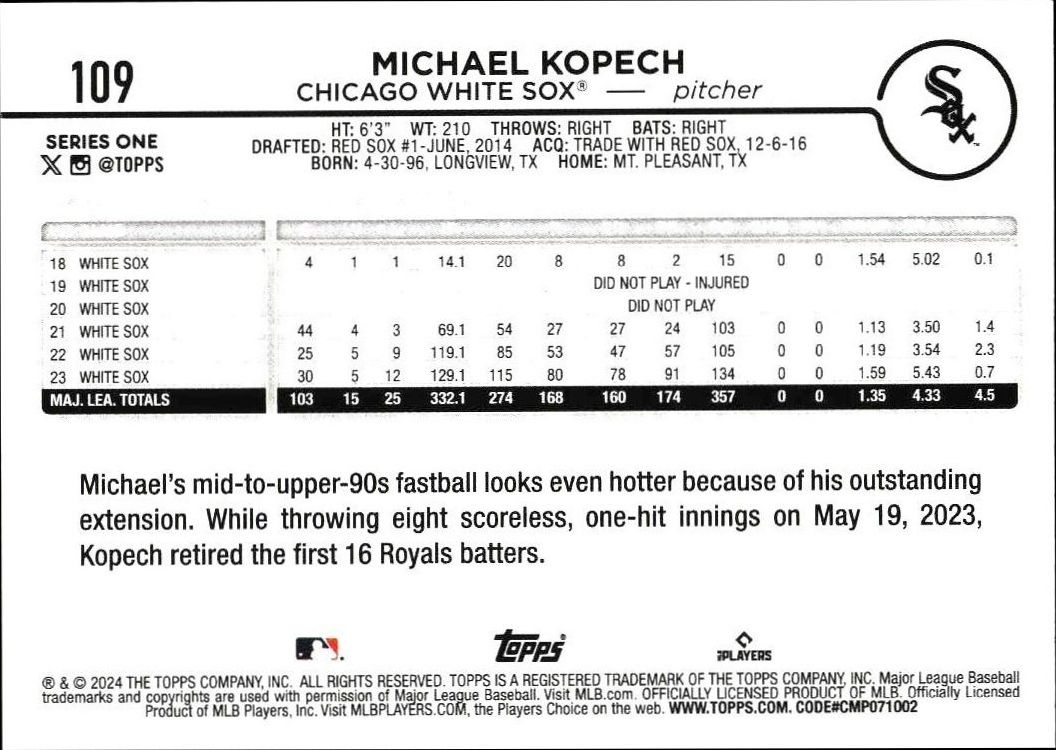 2024 Topps Michael Kopech #109 baseball trading card back