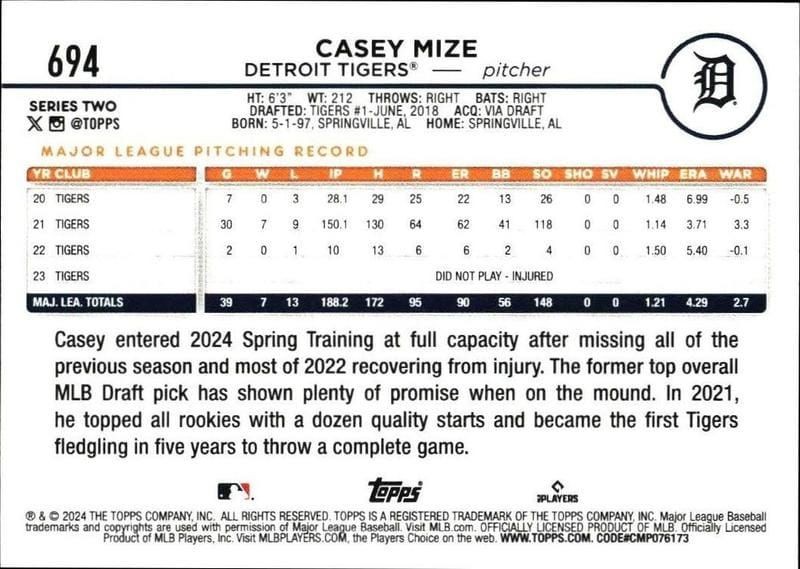 2024 Topps Series 2 Casey Mize #694 baseball trading card back