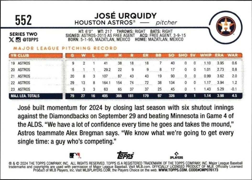 2024 Topps Series 2 Jose Urquidy #552 baseball trading card back