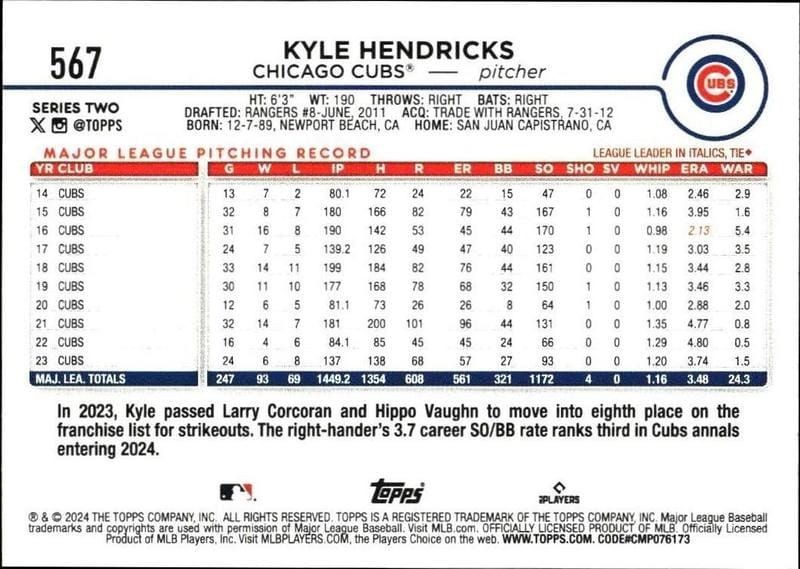 2024 Topps Series 2 Kyle Hendricks #567 baseball trading card back